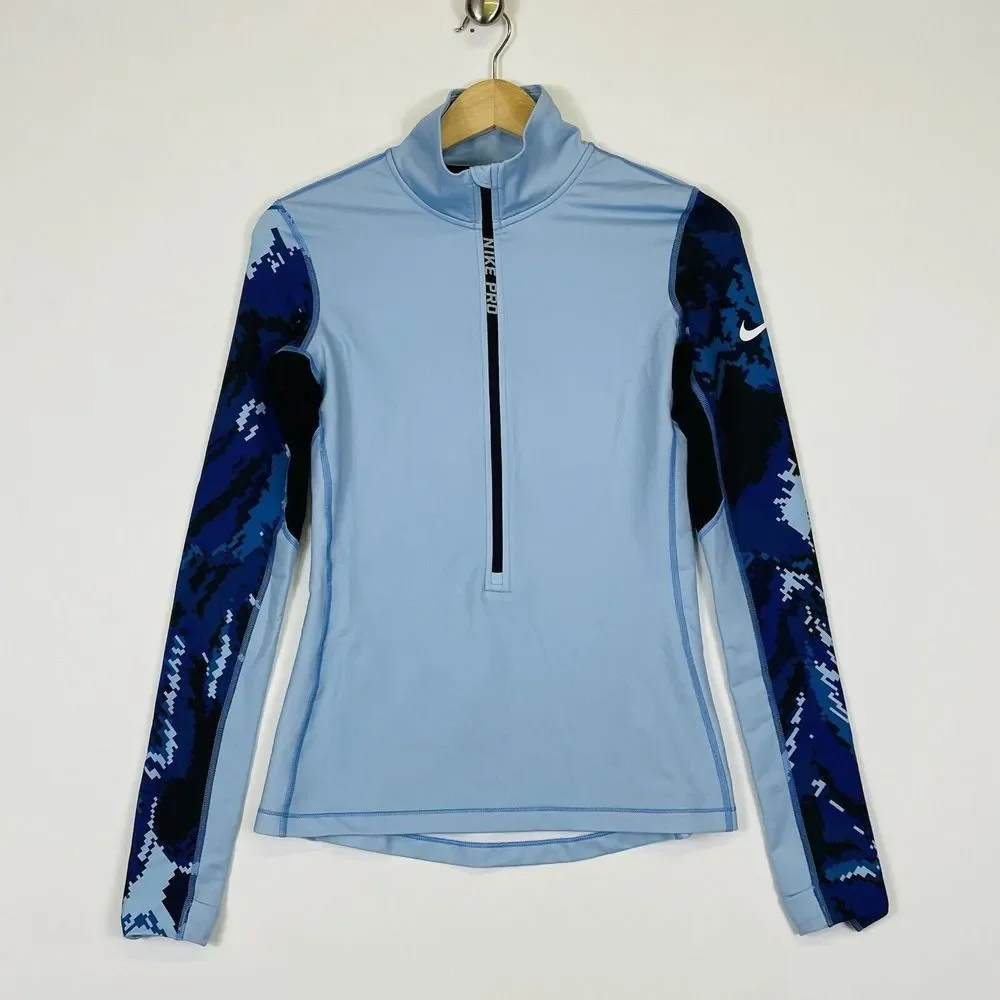 Nike‎ Pro Jacket Womens Small Light Blue Pattern Sleeves Lightweight Half Zip